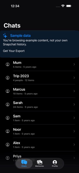 Conversation list of saved snaps grouped by person