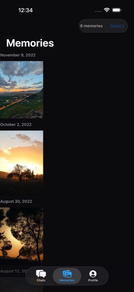Memories screen listing saved memories in date order