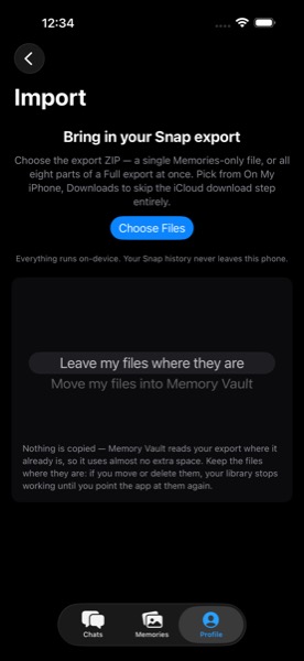 Import screen for choosing a Snapchat export file
